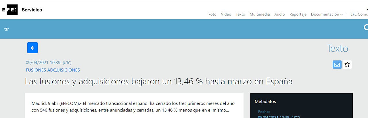 Las fusiones y adquisiciones bajaron un 13,46 % hasta marzo en Espaa